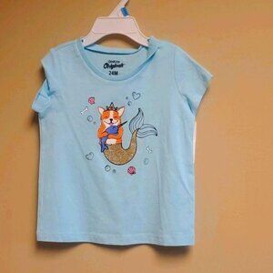 Oshkosh Originals 24M Light Blue Toddler Tee With Glittery Mermaid Corgi Graphic